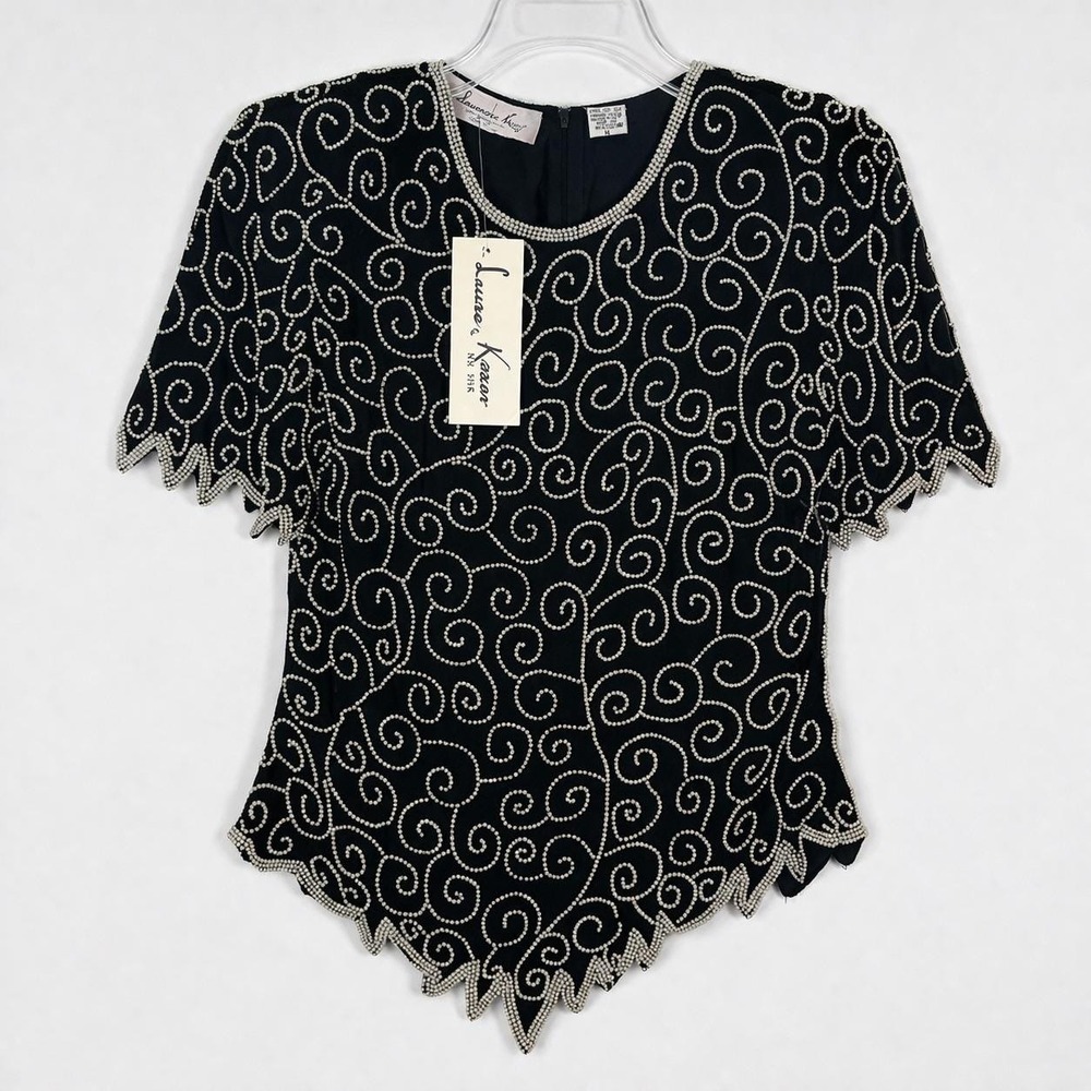 Vtg Laurence Kazar Pearl Embellished Silk Top Womens Med Black Elegant 90s Glam
